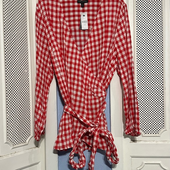 Lane Bryant Red & White True Wrap Gingham Top Blouse long sleeves - Picture 2 of 4